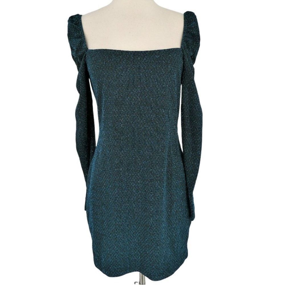 Row A Metallic Puff Sleeve Square Neck Mini Dress Blue Green Size L